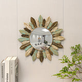 Bohemian Sunburst Metal Wall Mirror | Teal & Gold Leaf Design