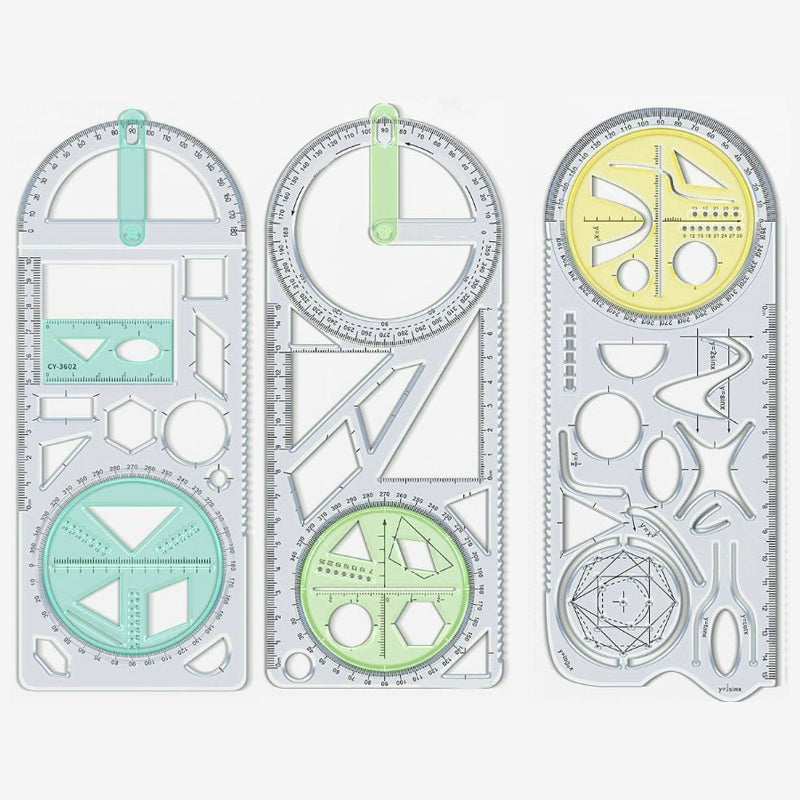 Geometry Ruler with Protractor – Transparent PP, Rotating Angle & Shape Stencils