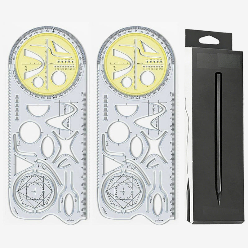Geometry Ruler with Protractor – Transparent PP, Rotating Angle & Shape Stencils