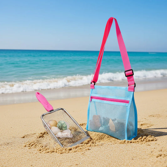 Kids Beach Sand Sifter – Shell Collector, Shovel & Adjustable Strap
