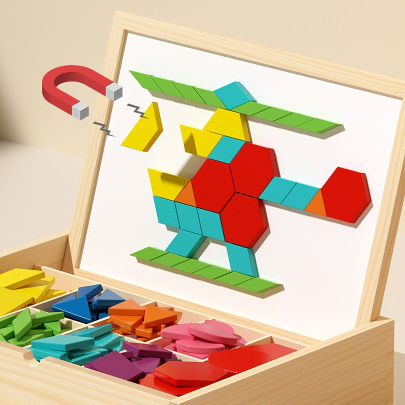 Magnetic Wooden Building Blocks with Pattern Cards - Creative STEM Toy for Kids