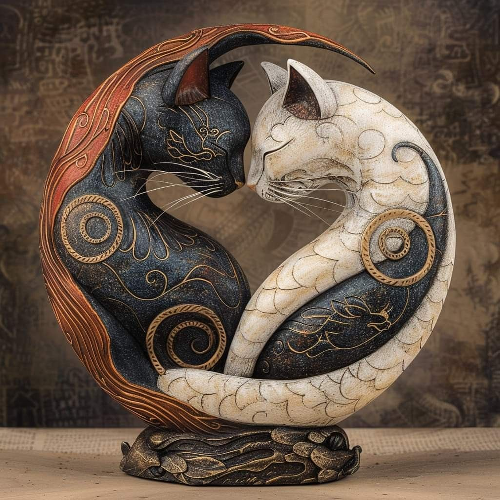 Cat Yin-Yang Sculpture – Handcrafted Resin, Hand-Painted & 15cm Tall