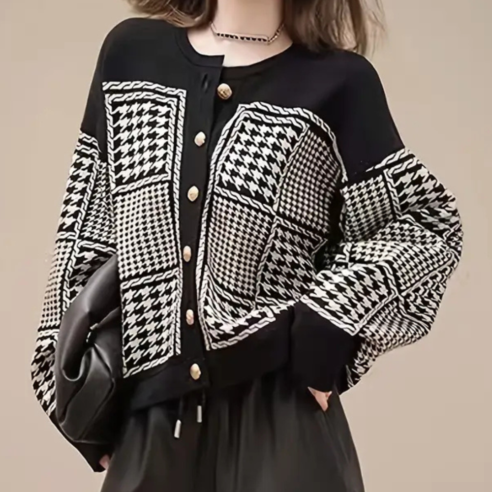 Black Women's Cardigan with Houndstooth Pattern - Isolde