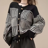 Black Women's Cardigan with Houndstooth Pattern - Isolde