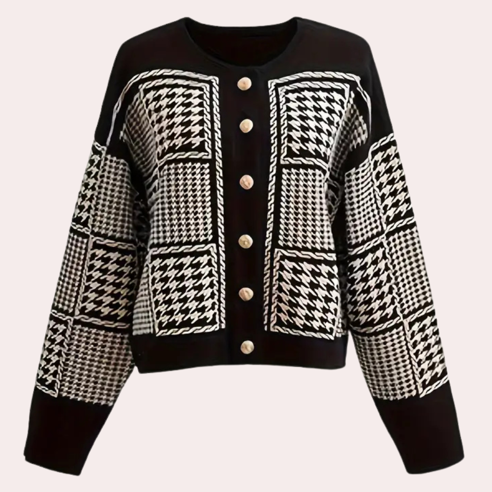Black Women's Cardigan with Houndstooth Pattern - Isolde