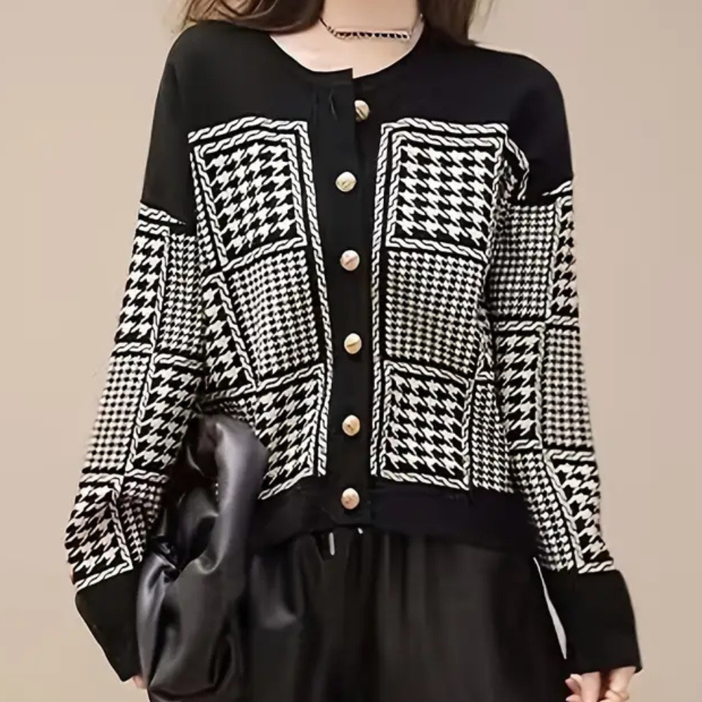 Black Women's Cardigan with Houndstooth Pattern - Isolde