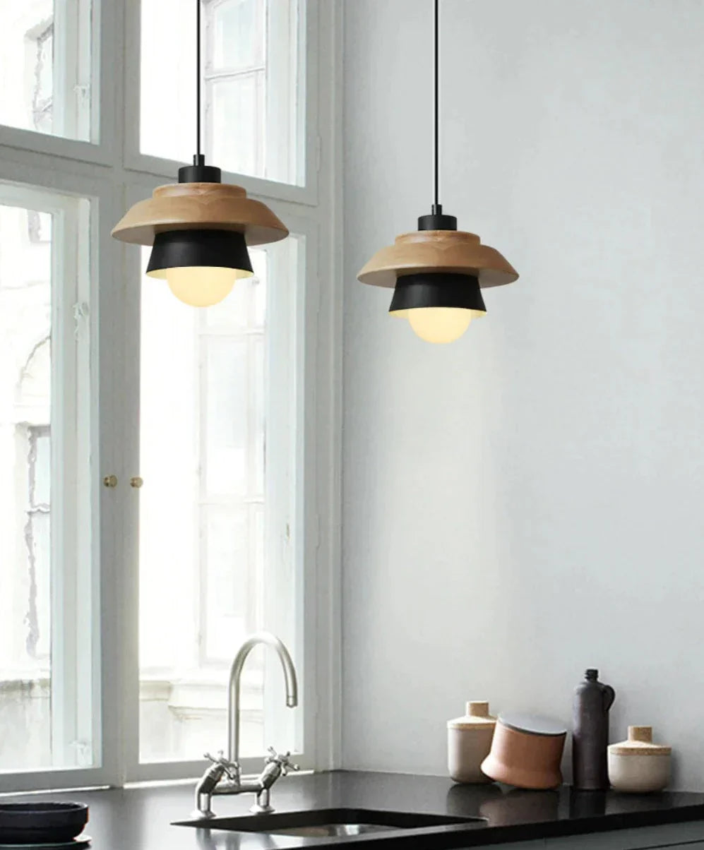 Nordic Wooden Pendant Light – Metal Shade, E27 Socket & Height-Adjustable Cable