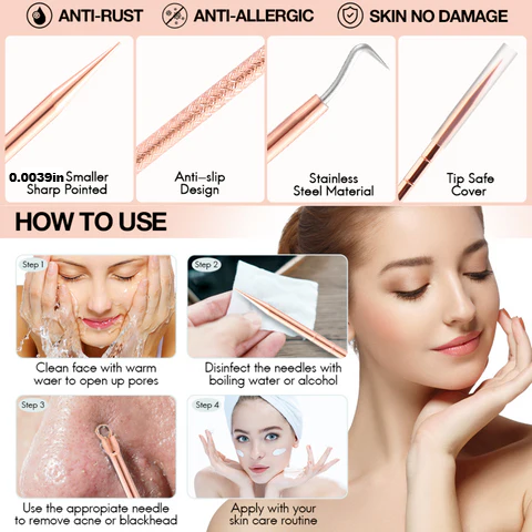 Professional Blackhead & Pimple Extractor Kit - Stainless Steel Acne Removal Tools for Clear Skin
