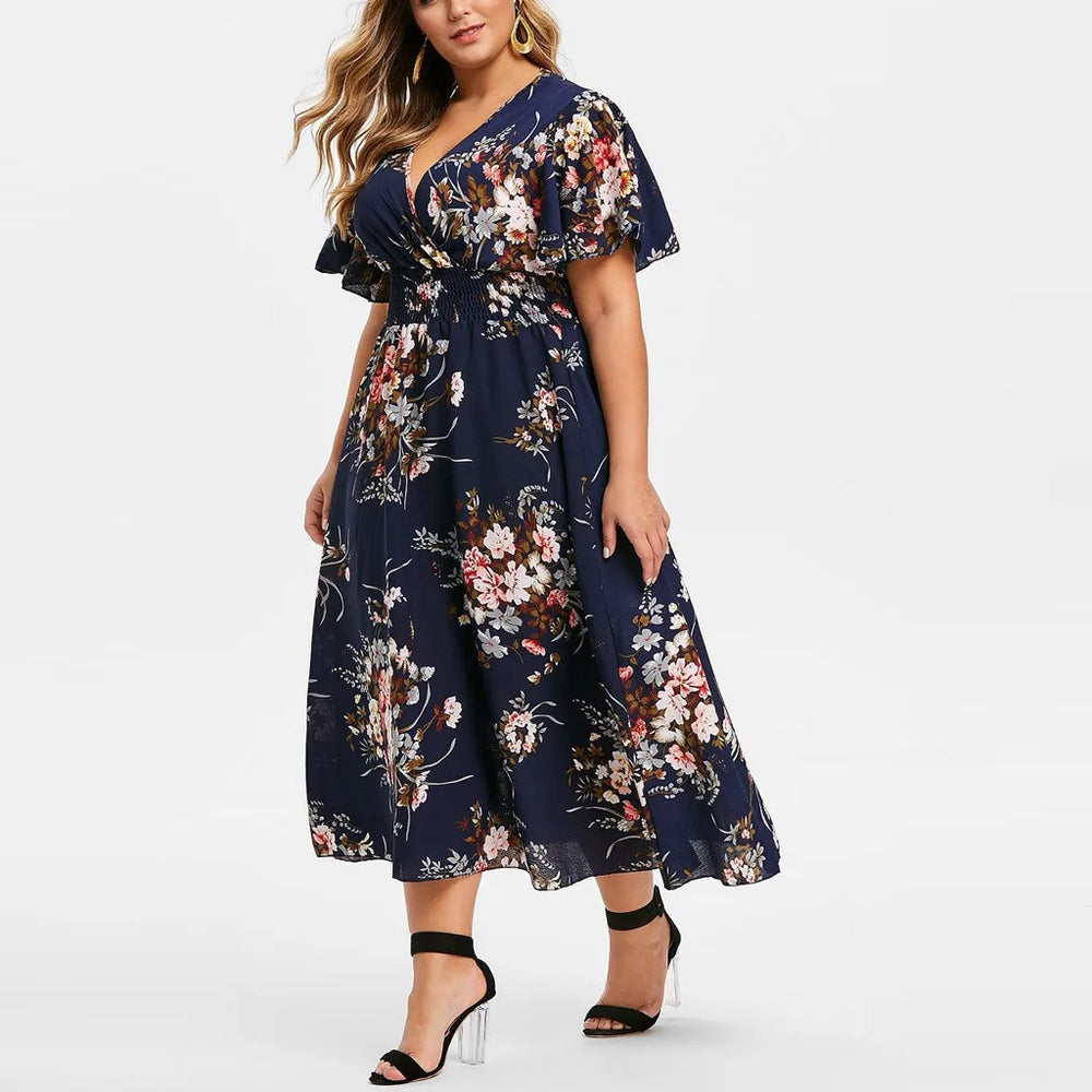 Plus-Size Fall Floral Chiffon Dress - Elegant Autumn Style for Every Occasion