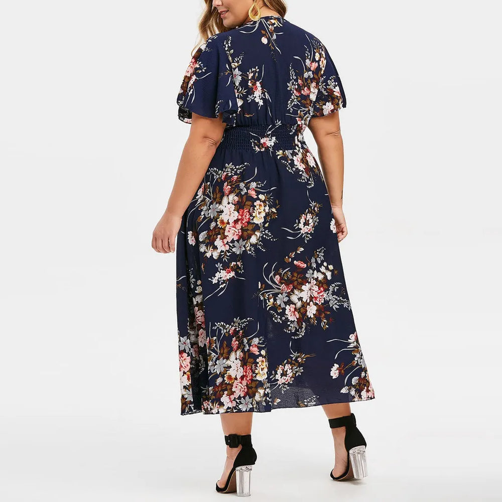 Plus-Size Fall Floral Chiffon Dress - Elegant Autumn Style for Every Occasion