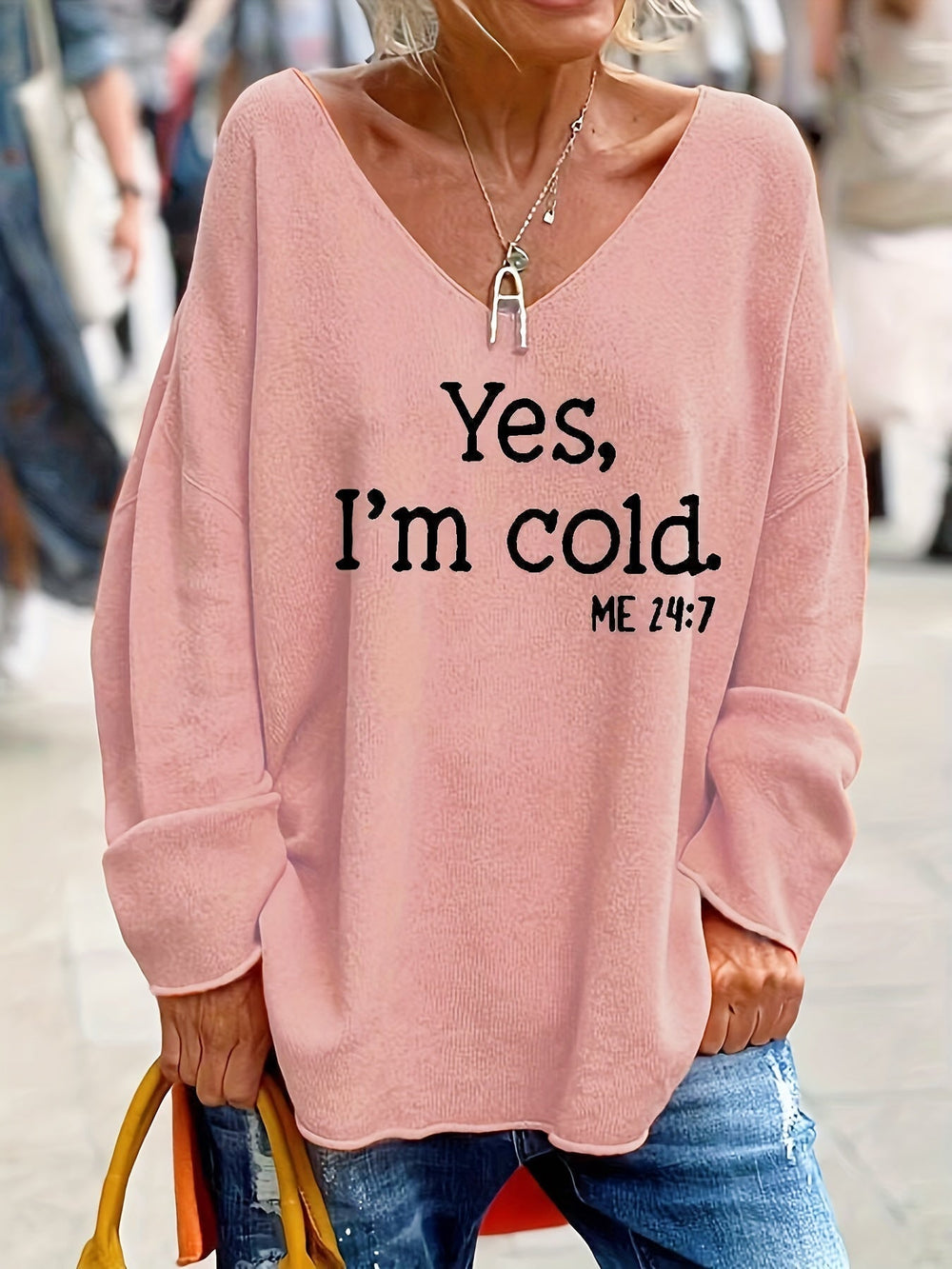 Ladies oversized jumper with V-neck & pattern - Alenia - 4
