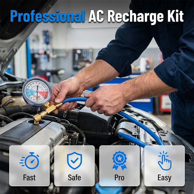 AC Charging Hose with Pressure Gauge – R134A/R12/R22, 0–350 psi, Quick-Connect