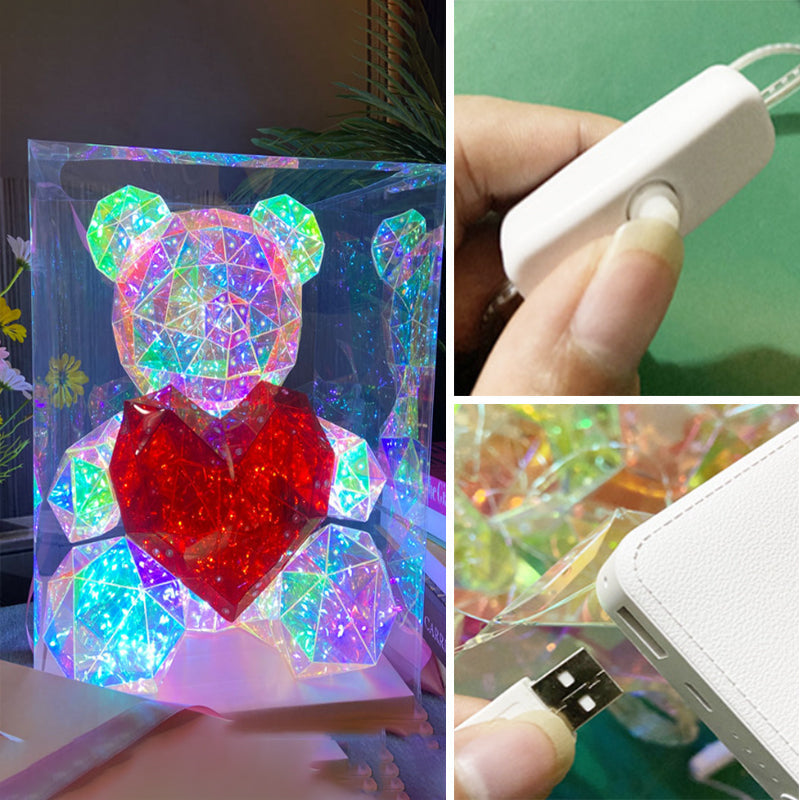 Color-Changing LED Crystal Teddy Bear – Glowing Heart, 22×28×30cm & Copper Wire Lights