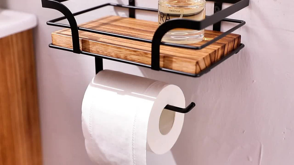 Stylish Metal & Wood Wall Shelf with Toilet Paper Holder – Modern Bathroom Storage Solution