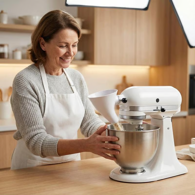 Optimized Product Title: "Mehl-Trichter für Küchenmaschinen – Spill-Free Design für müheloses Backen" 

This title includes relevant keywords while emphasizing the product's benefits, making it more appealing for Google Shopping.