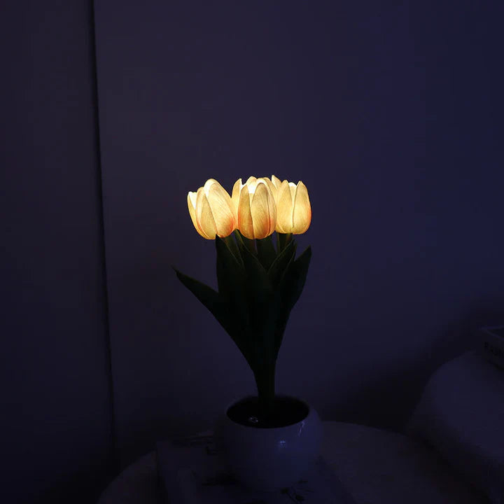Stilvolle Tulpen-LED-Tischlampe im Keramiktopf – Warmes Dekorlicht für Gemütliche Atmosphäre