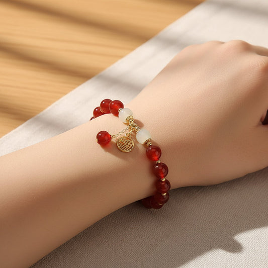 Beaded Bracelet – Natural Stone, Red Vintage Style & Mother's Day Gift