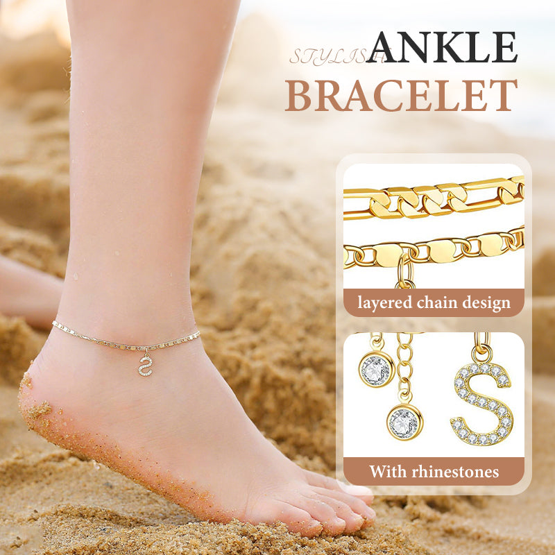Layered Rhinestone Anklet – Women's, Gold-Plated & Adjustable Clasp