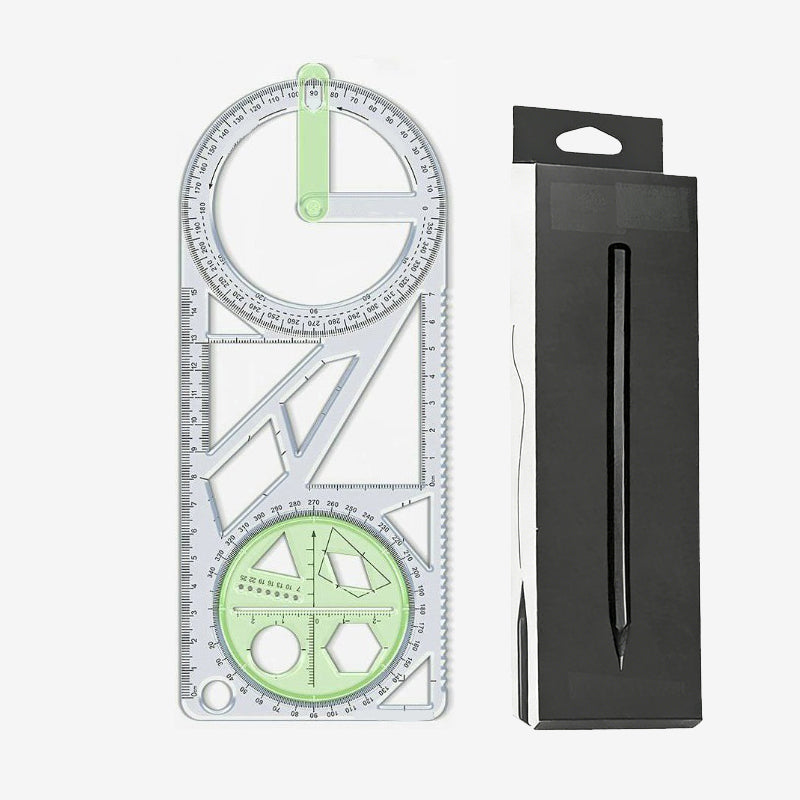 Geometry Ruler with Protractor – Transparent PP, Rotating Angle & Shape Stencils