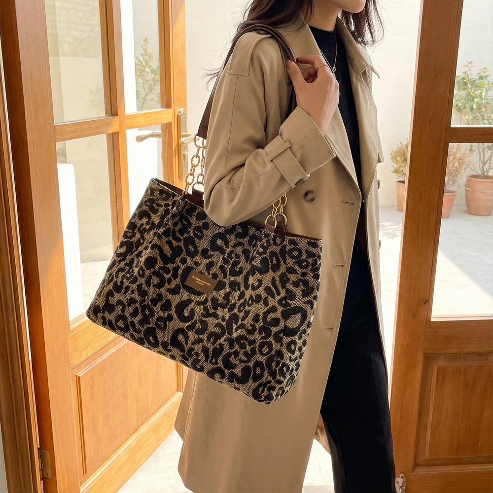Stylish Leotard-Print Tote Bag with Elegant Gold Chain Detail - Fashionable & Versatile Handbag
