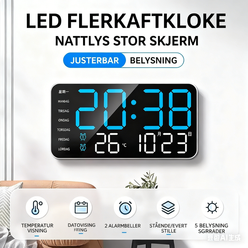 Digital LED Wall Clock – 21.5cm Display, Silent Operation & Time/Date/Temperature