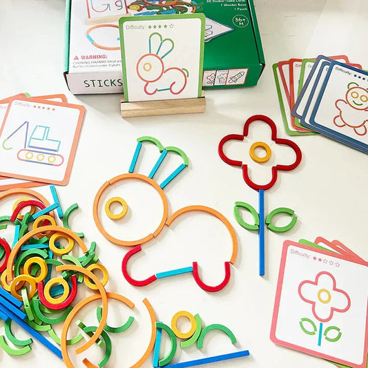 Wooden Sticks and Rings Building Set – Task Cards, Fine Motor Skills & Creative Learning