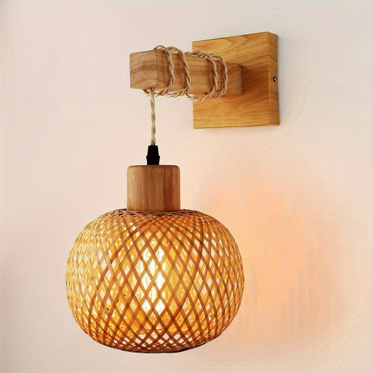 Wooden Wall Sconce – Handwoven Rattan Accent, Rustic Style & Hard-Wired Installation