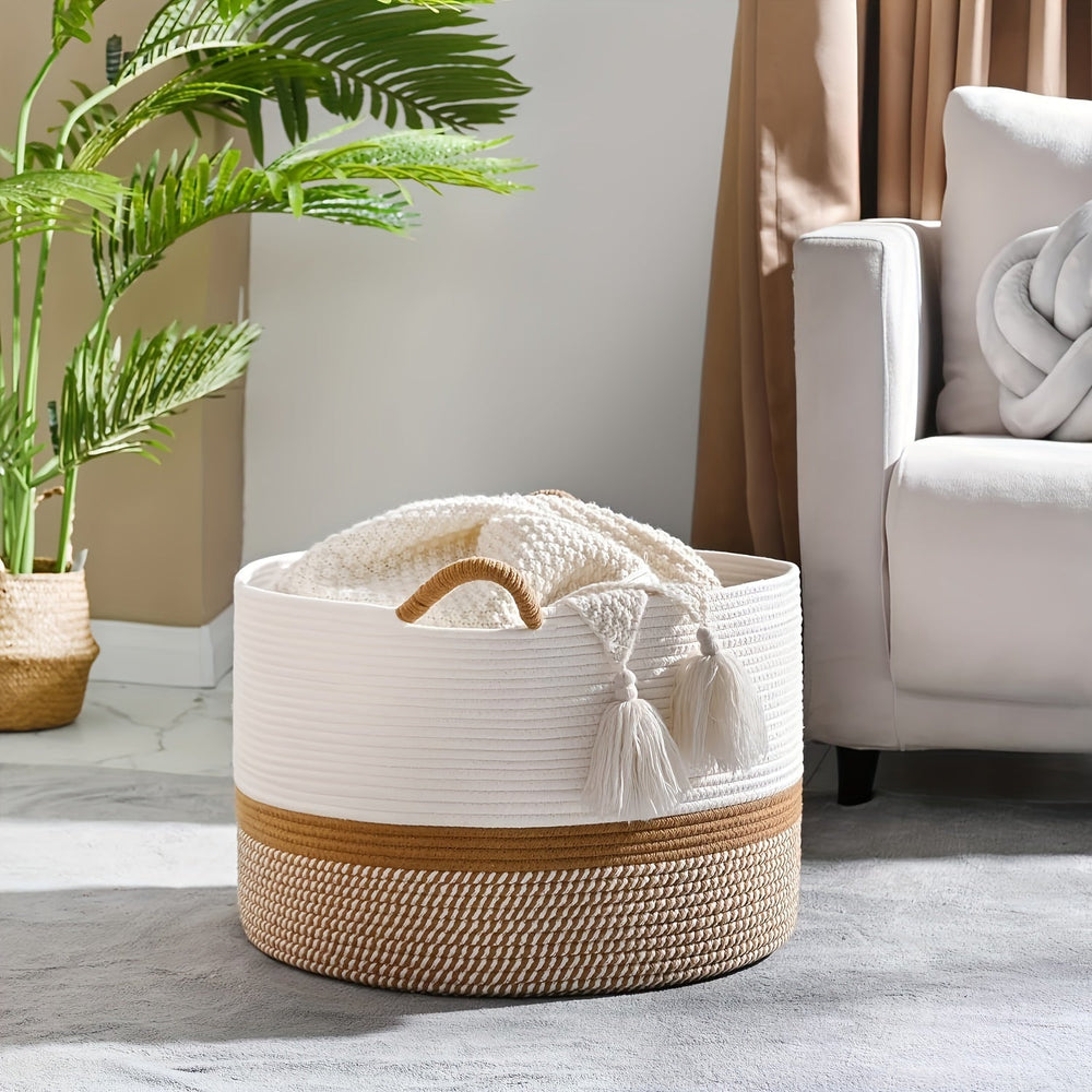 Boho Cotton Storage Basket – Woven Rope Handles, 35×40cm & Cream Striped Design