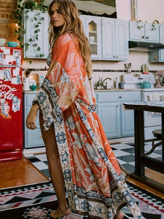 Women's Red Floral-Print Kimono
