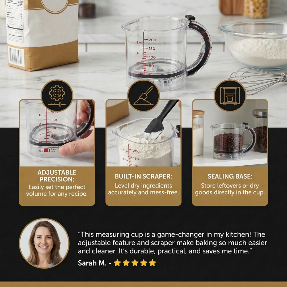Adjustable Measuring Cup – Built-In Scraper, Non-Slip Base & Ergonomic Grip