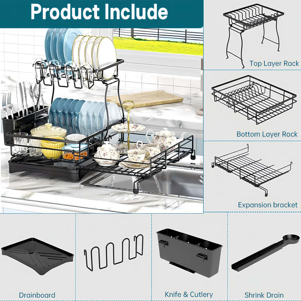 2-Tier Dish Drying Rack – Expandable, Drip Tray & Cutlery Holder