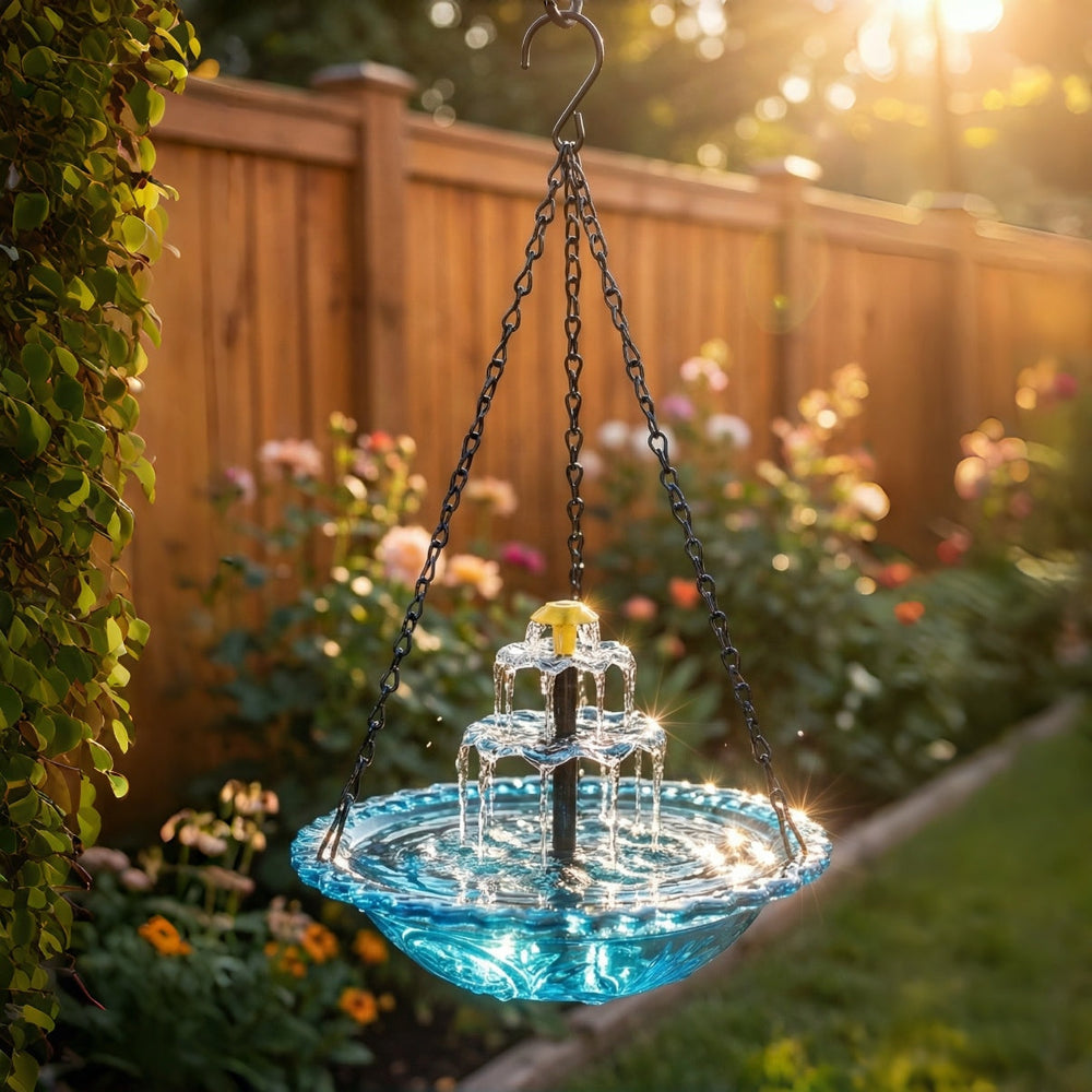 Hanging Solar Bird Bath Fountain – Wireless, Weatherproof & 25.5cm Glass Bowl