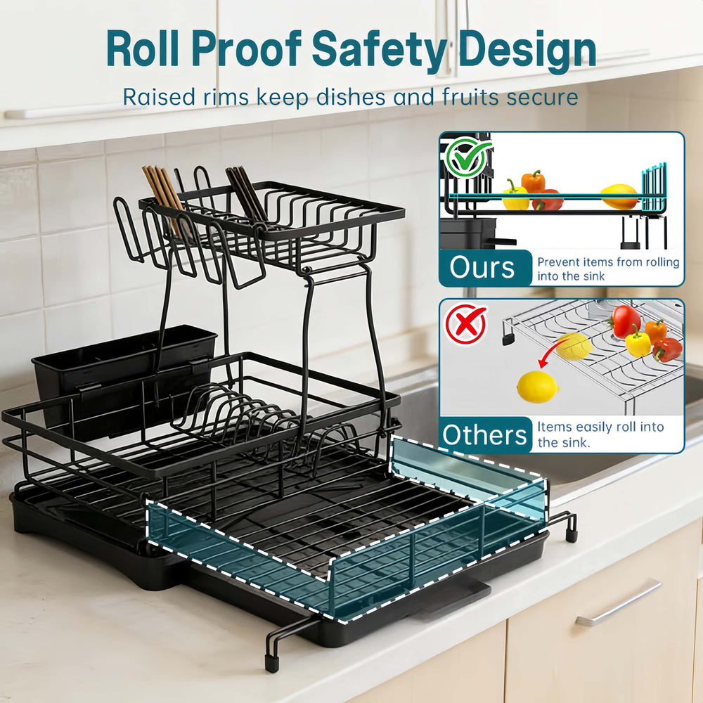 2-Tier Dish Drying Rack – Expandable, Drip Tray & Cutlery Holder