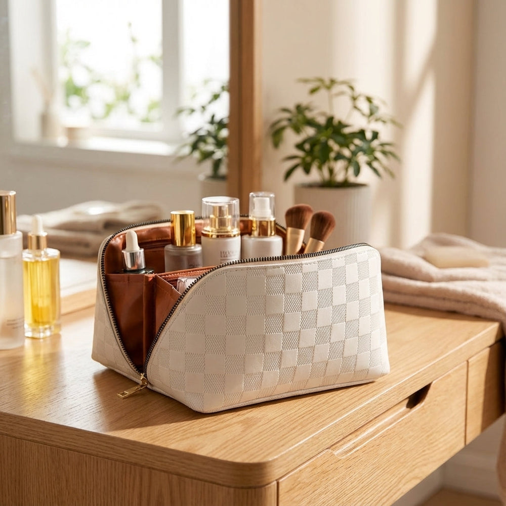 Waterproof Makeup Bag – Multiple Compartments, PU Leather & Travel-Size