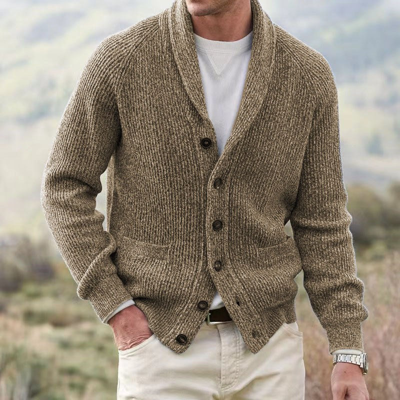 Men's Knit Cardigan with Shawl Collar and Buttons