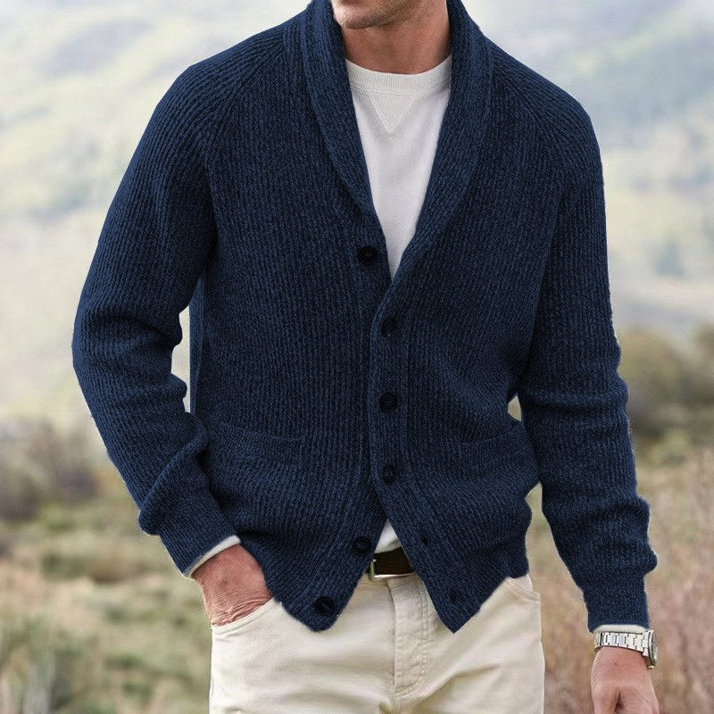 Men's Knit Cardigan with Shawl Collar and Buttons