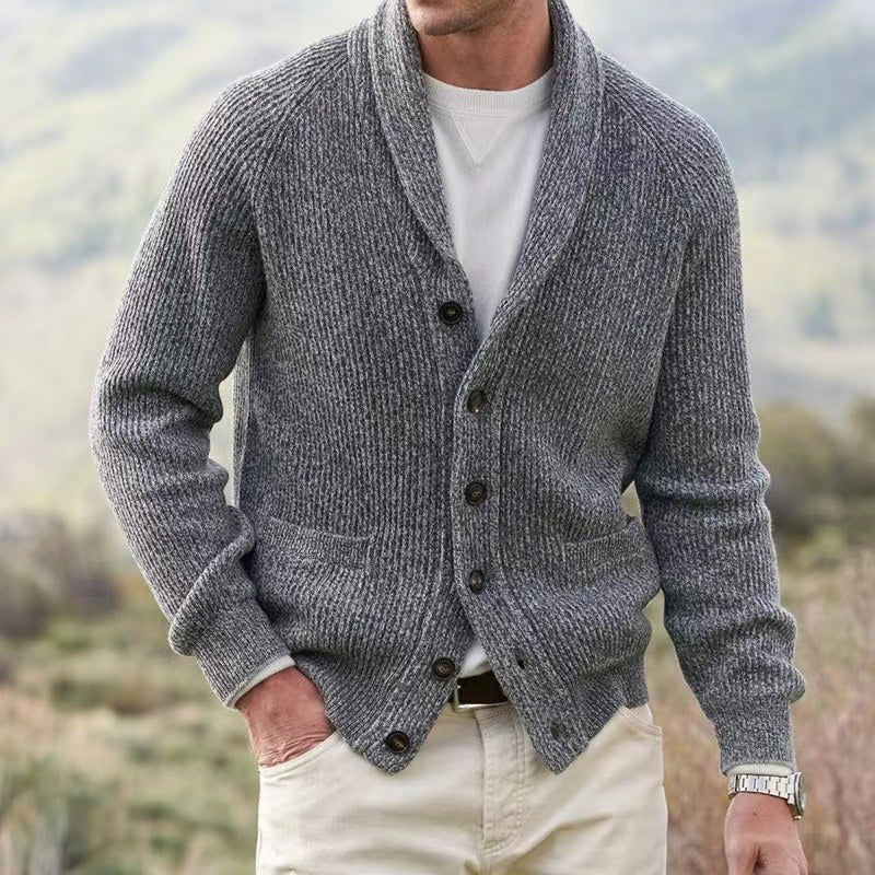 Men's Knit Cardigan with Shawl Collar and Buttons