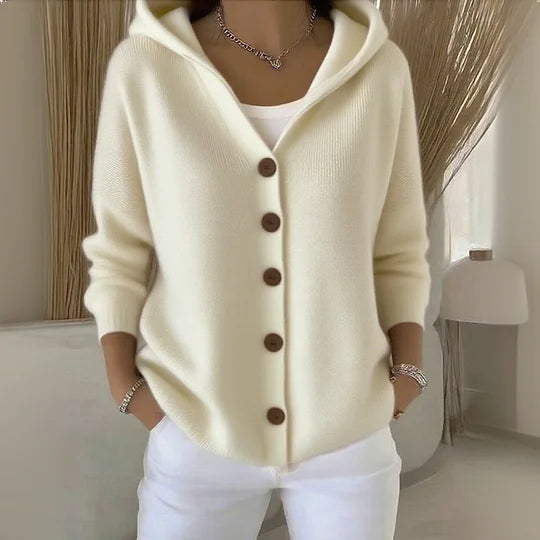 Cozy Hooded Knit Cardigan with Button Front - Casual Women's Sweater
