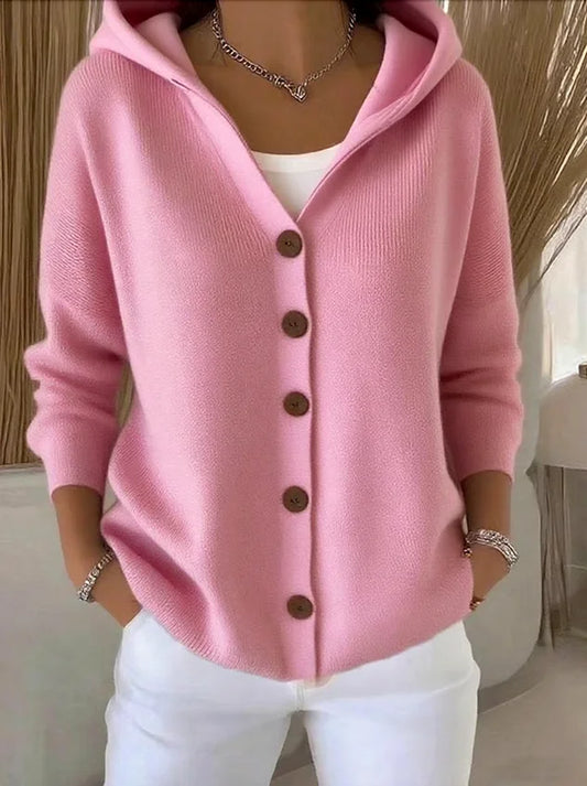 Cozy Hooded Knit Cardigan with Button Front - Casual Women's Sweater