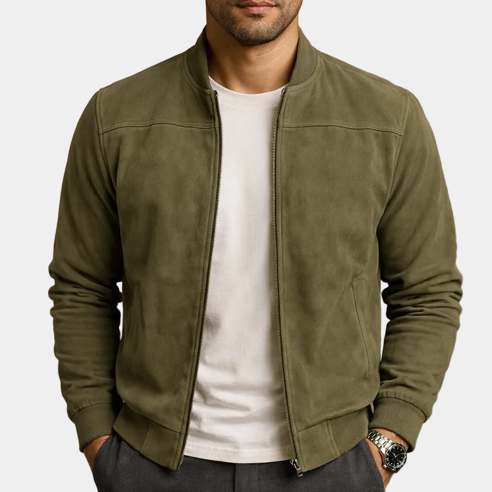 Casual suede- bomber jacket with zip front and ribbed trim