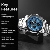 Unisex Digital Sports Watch – 3 Time Zones, 30m Waterproof & EL Backlight
