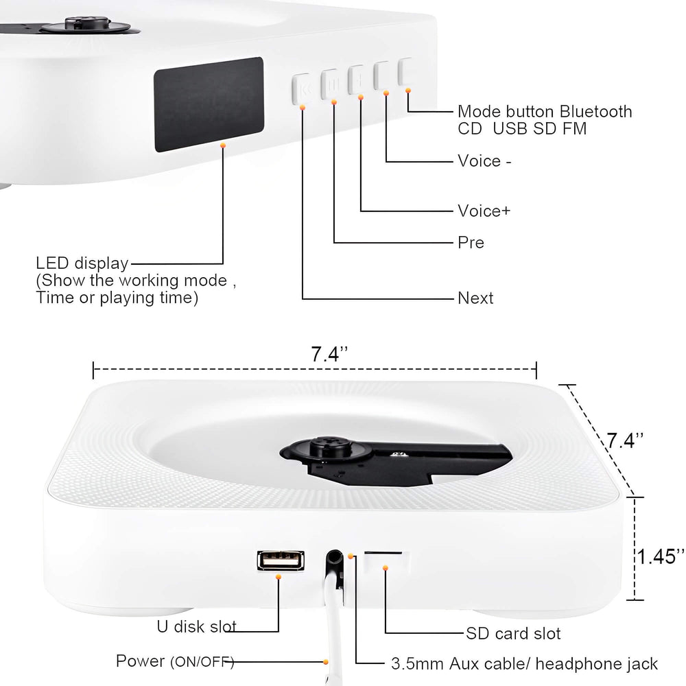 Wall-Mounted Bluetooth CD Player & Wireless Speaker System - Stylish Home Audio Solution