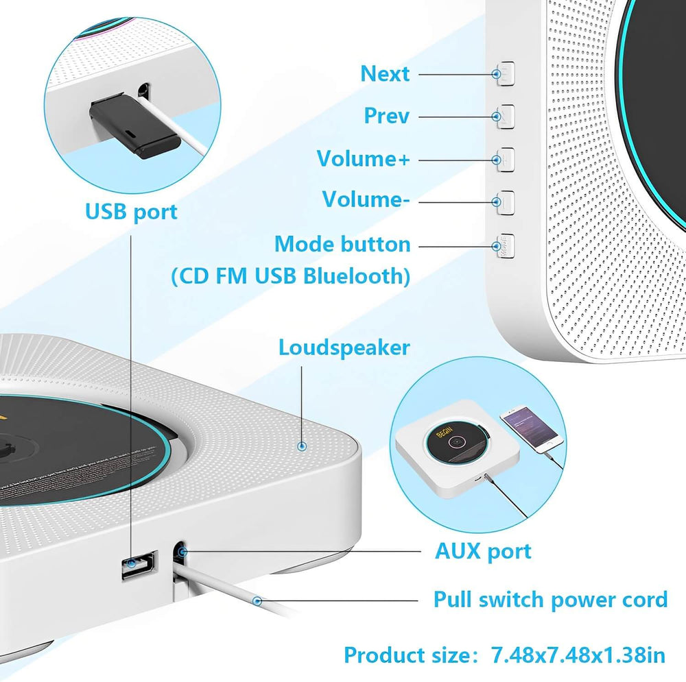 Wall-Mounted Bluetooth CD Player & Wireless Speaker System - Stylish Home Audio Solution