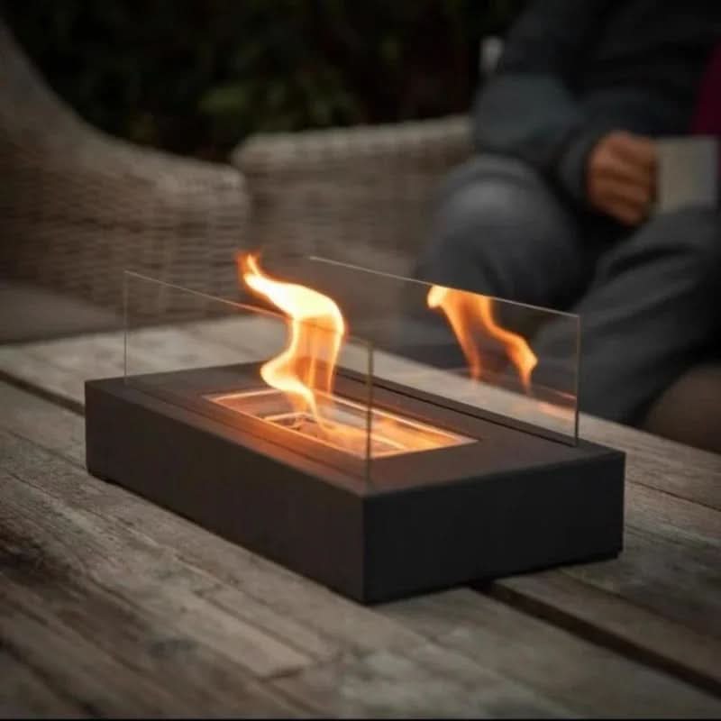 Bio-Ethanol Table Fireplace – Tempered Glass & Steel, 28×14×14 cm, Smokeless Flame