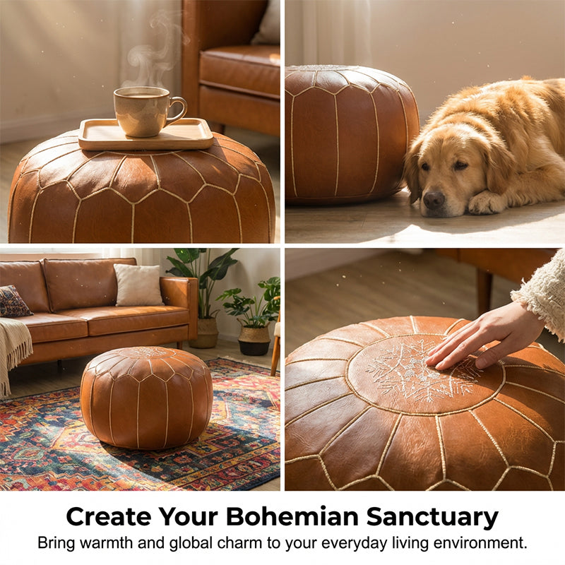 Moroccan Leather Storage Pouf – Faux Leather, Water-Resistant, 50×25cm Ottoman