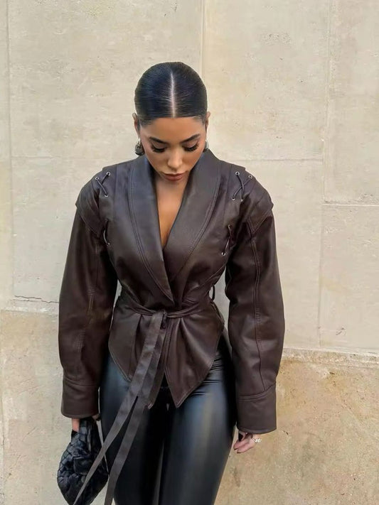 Women's notch lapel leather jacket, view 1