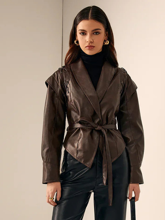 Women's notch lapel leather jacket, view 5