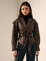 Women's notch lapel leather jacket, view 5