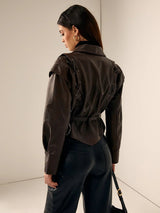Women's notch lapel leather jacket, view 6