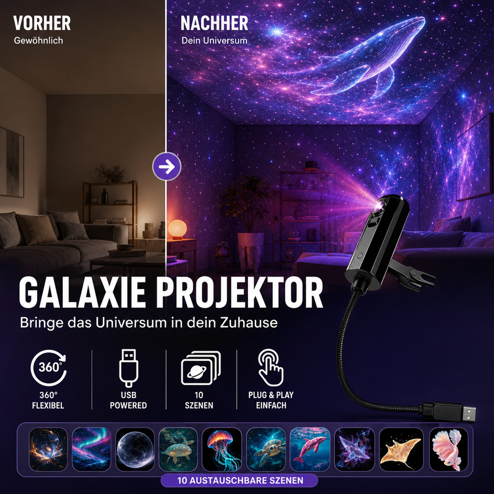 LED Star Projector – 10 Projection Inserts, 360° Rotatable & USB Powered